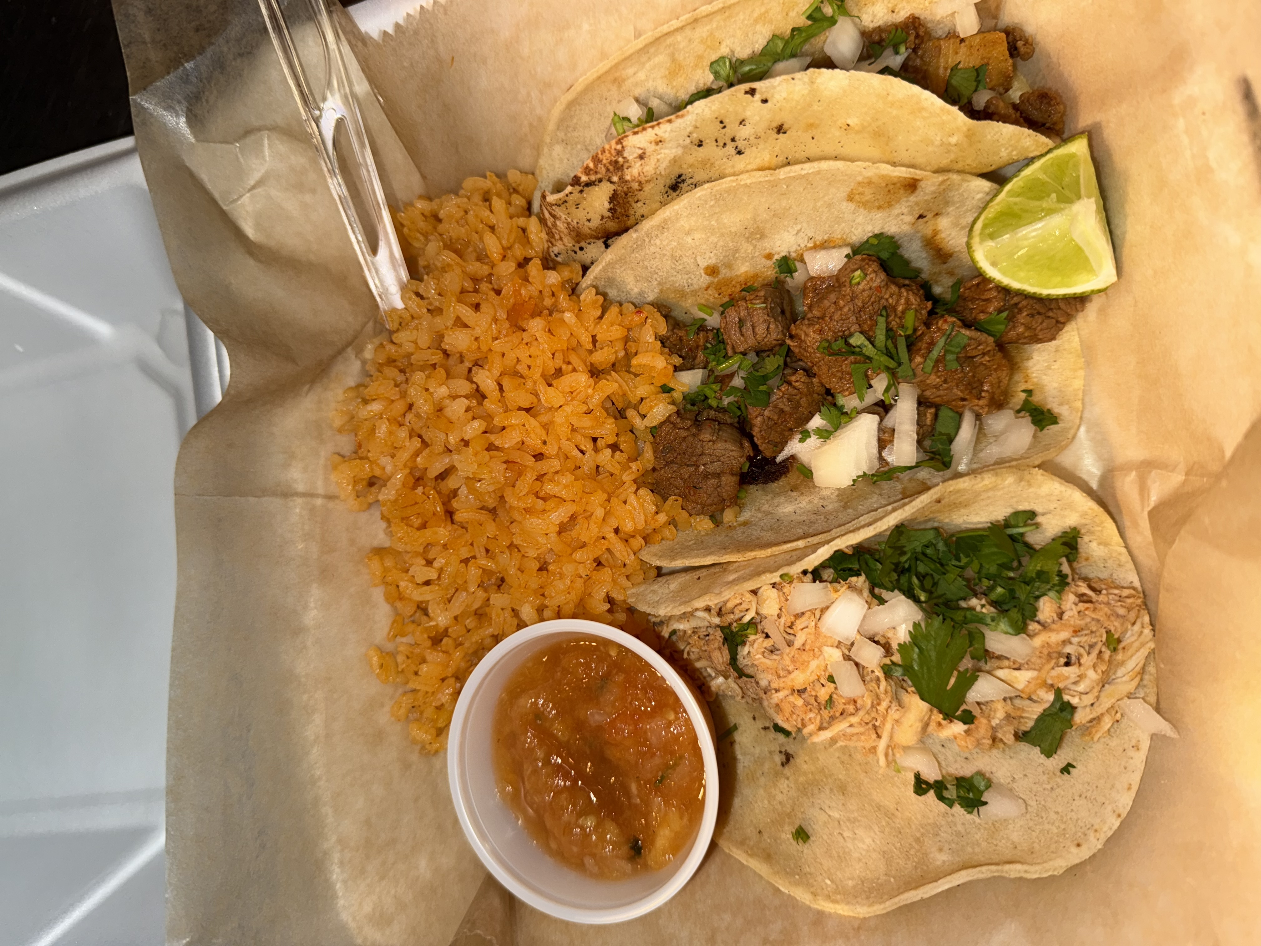 Street tacos with Mexican rice and house salsa