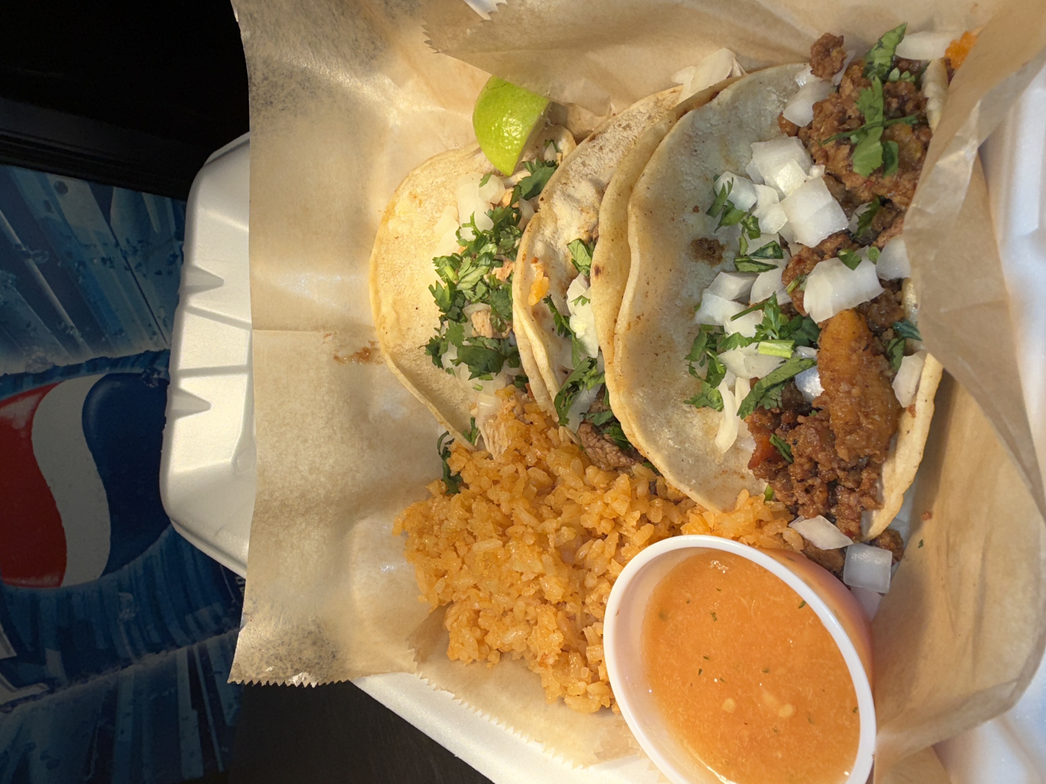 Street taco plate with Mexican rice and pineapple habanero salsa